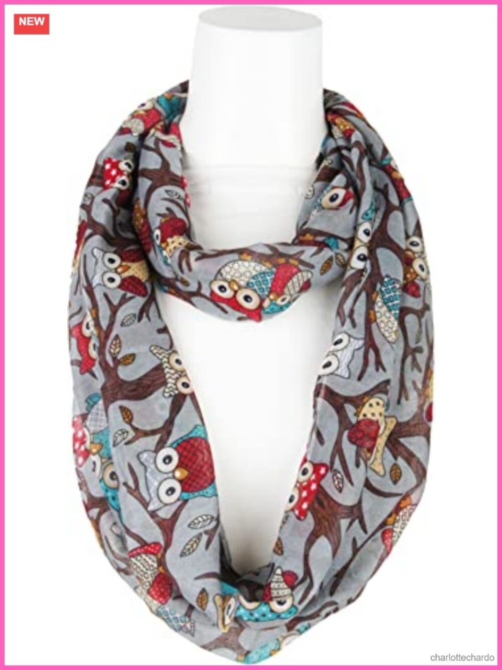 Owl Print Infinity Scarf Polyester One Size - Picture 3 of 4